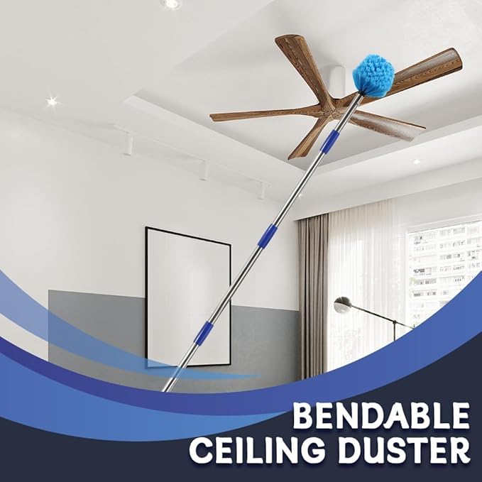 Extended Reach Cobweb Duster with 8-Foot Pole - Medium Bristle Brush for Ceiling, Wall, and Indoor/Outdoor Cleaning, Lightweight Stainless Steel (10FT)