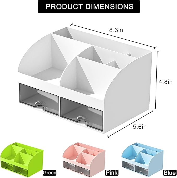 Desk Organizer with 6 Compartments and 2 Drawers, Plastic Makeup Organizer, Pen Holder for Desktop Storage, Desk Organization for School, Home, Office Supplies (White)
