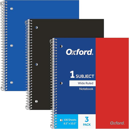 Oxford Spiral Notebooks, 1-Subject, Wide Ruled Paper, Durable Plastic Cover, 100 Sheets, Divider Pocket, 3 per Pack (10389)