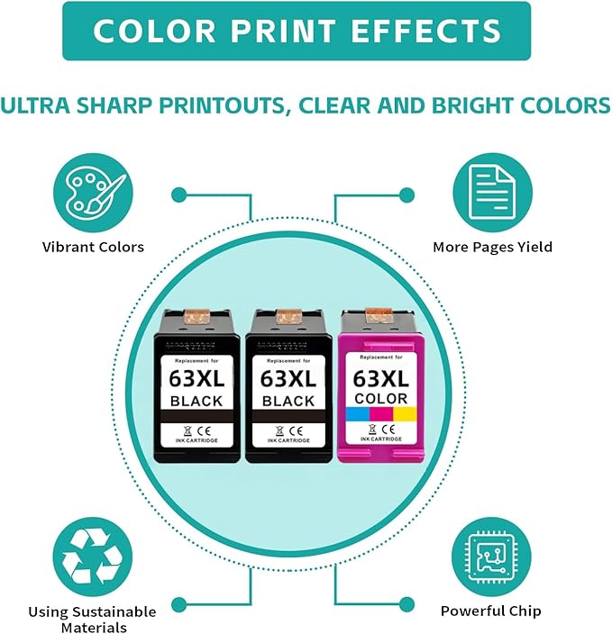 63XL Color Black Ink Cartridge Combo Pack 3 Pack for Hp OfficeJet 3830 Printer Ink Cartridges High Yield Compatible for HP Officejet 5200 5255 Envy 4520 DeskJet 3630 (2 Black,1 Tri-Color)