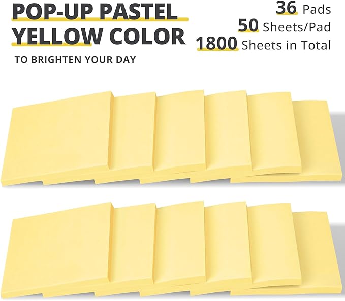 36 Pads Pop Up Sticky Notes, 3x3 inches, Yellow Soft Pastel Self-Stick Note Pads, Perfect for Office, Study, and Daily Life Organization - 36 Pack