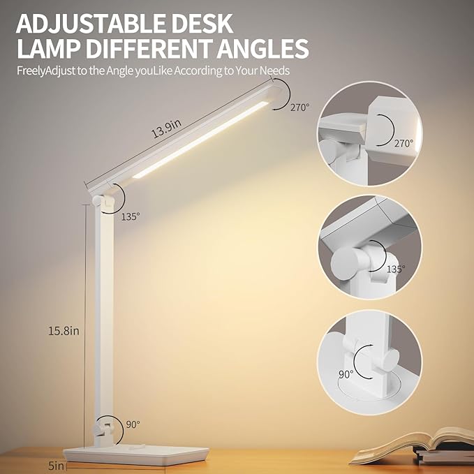 Desk Lamp with USB Charging Port, 14W 900LM Dimmable Eye-Caring Reading LED Desk Light for 9 Brightness Slide Touch & 5 Color Temperature Modes, Home Office Desktop Lamp, Small Study Lamp, White