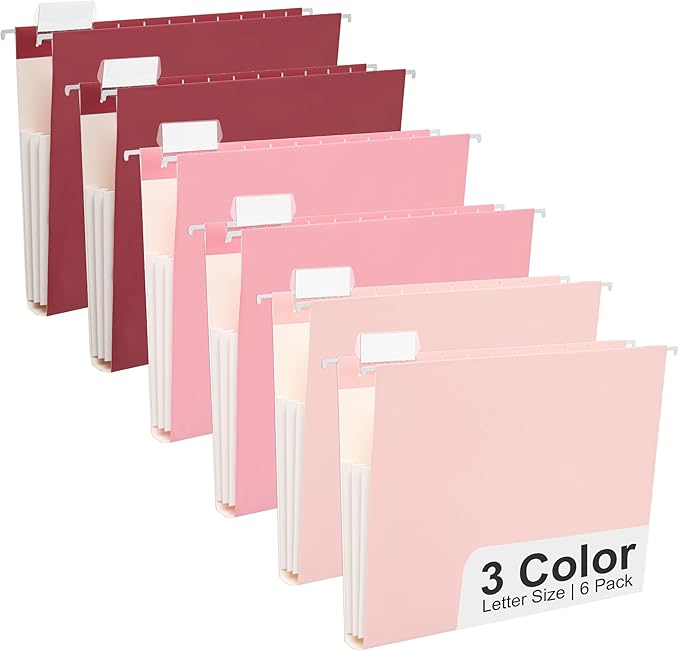 Y YOMA Letter Size - 6 Pack Extra Capacity Hanging File Folders Accordion Decorative Reinforced File Folder Cute Colored Expandable Folder for Office Home with 1/5-Cut Adjustable Tabs, Cute Pink