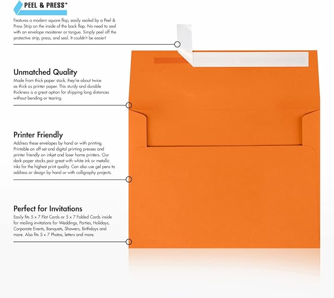 LUXPaper A7 Invitation Envelopes | Peel & Press | 5 1/4" x 7 1/4" | Mandarin Orange | 80lb. Text | 500 Qty