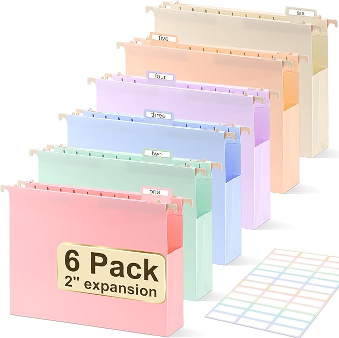 Plastic Hanging File Folders Letter Size,6 Pack Extra 2 Inch Capacity Hanging File folders with Tabs,Heavy Duty for Filing Cabinet,Home and Office File,Pastel Colors