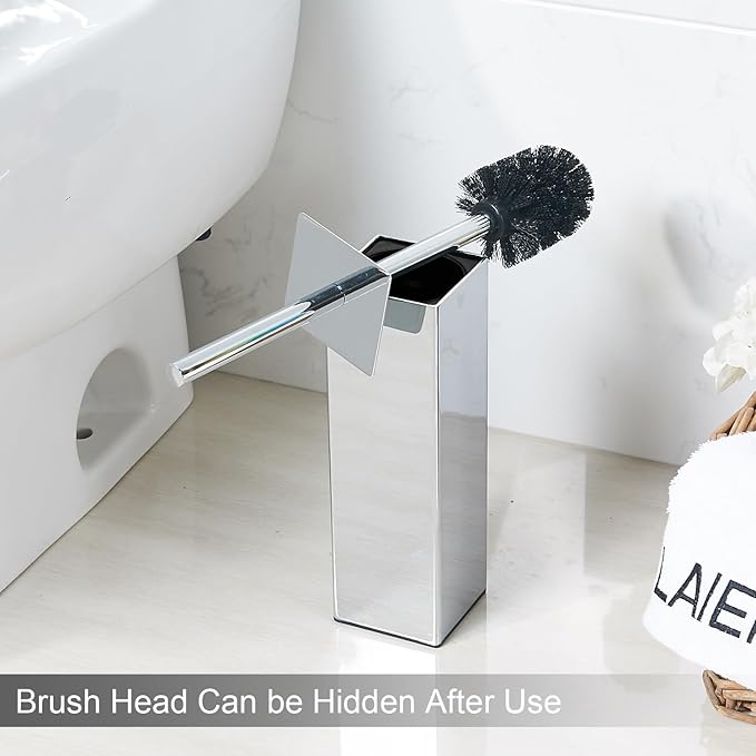 Kelirol Chrome Square Stainless Steel Toilet Brush with Holder, 304 Modern Toilet Brush Set – Rust Resistant, Long Handle, Replacement Heads, Floor Standing Bathroom Toilet Cleaning Brush