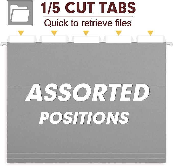 HERKKA Hanging File Folders, 30 Pack Reinforced Letter Size Hanging Folders, Designed for Bulky Files, Filing Cabinet, 1/5-Cut Adjustable Tabs (Gray)