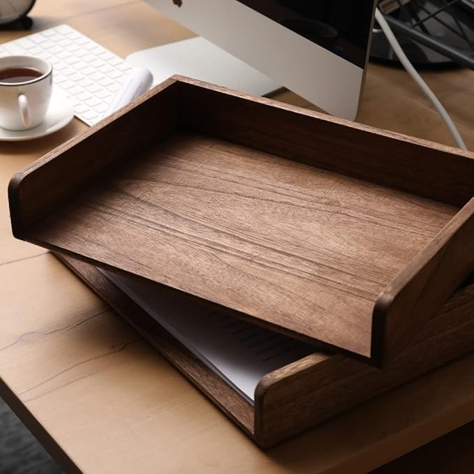 Desktop File Trays Stackable Paper Tray for Letter/A4 Size Magazine - Wood Office Document Organizer Shelf - Wooden Folder Organization Rack Desk Tray Pack of 2 Dark(2CTP-DK)
