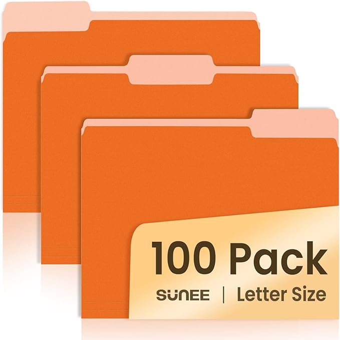 SUNEE File Folders Letter Size Orange, 100 Pack Manilla Folders 8.5 x 11 1/3-Cut Tabs, Colored File Folders Office Home School for Documents Files Paper