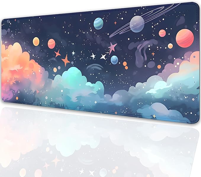 Cosmos Desk Mat Mouse Pad,Anime-Inspired Space Scene Mousepad, Cute Aesthetic Stars and Planets,Large Galaxy Mouse Pad,Cute Desk Mat for Home Work Ofiice(27.5X11.8 in)