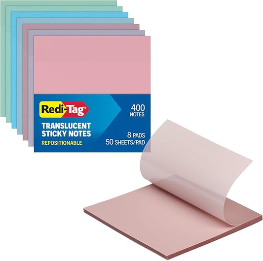 Redi-Tag Translucent Sticky Notes, Transparent Self-Stick Notes, 3" x 3", Pastel Colors, 8 Pads, 50 Notes Per Pad, 400 Sheets (1006595)