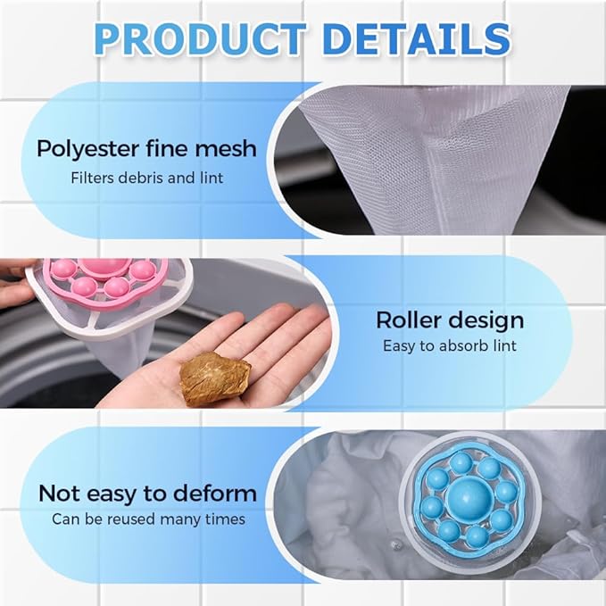 3PCS Floating Hair Filtering Mesh Removal, Reusable Lint Catcher for Washing Machine Wool Device, Pet Hair Remover Hair Filter Cleaning Mesh Bag (Blue)