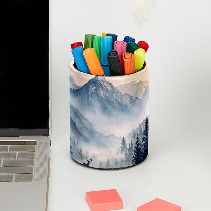 Watercolor Mountain Deer PVC Leather Circular Pencil Holder for Desk Organizer Stationery Holder for Office, School(3.9 x 3.1 Inches)