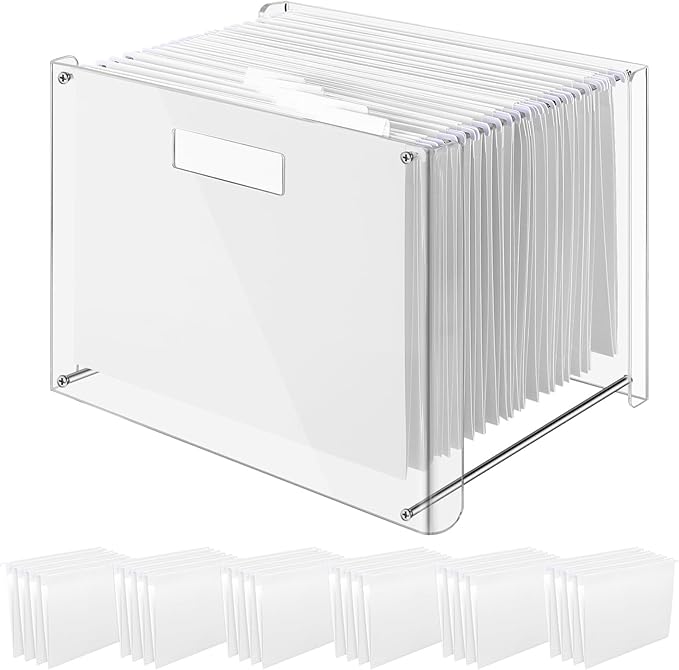 24 Hanging File Folder with Acrylic Organizer for Letter/a4 Size Desktop Clear File Storage Box with Handles for Home Work Office Use(White,Classic)