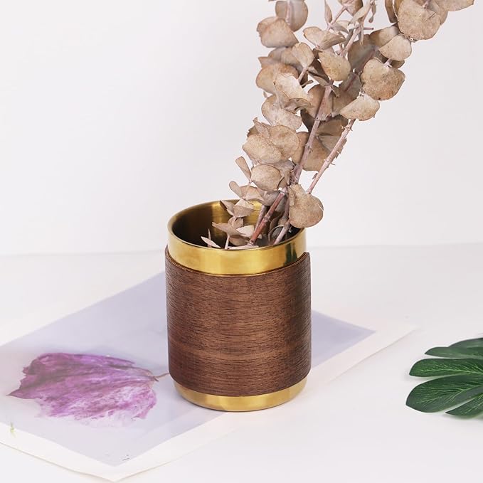 MultiBey Gold Pencil Holder Cup, Luxury Walnut Pen Holder Metal Organizer Small Vase, Offices Stationery Makeup Brushes Holder Decoration Desk Accessory for Office Home