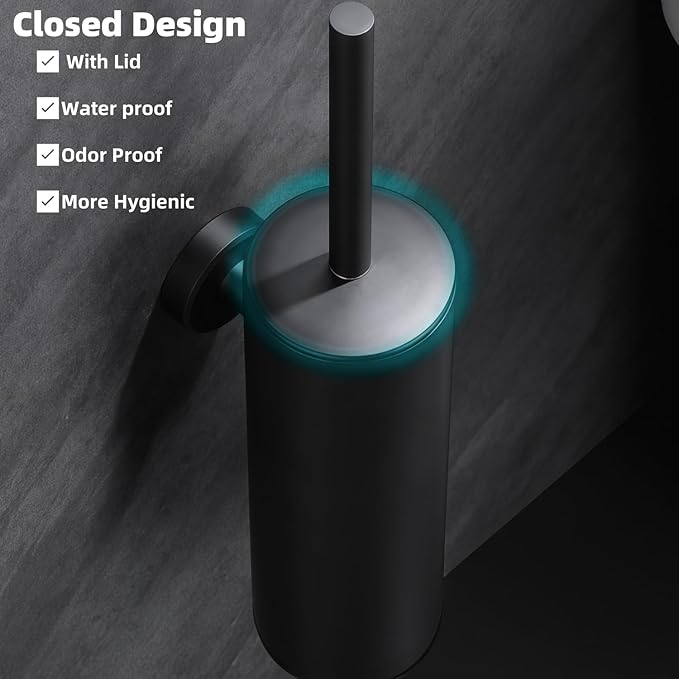 Wall Mounted Brush,Round Toilet Brush with Metal Handle Holder,304 Stainless Steel Toilet Bowl Brush and Holder Set for Toilet and Bathroom Cleaning (Matt Black) ﻿