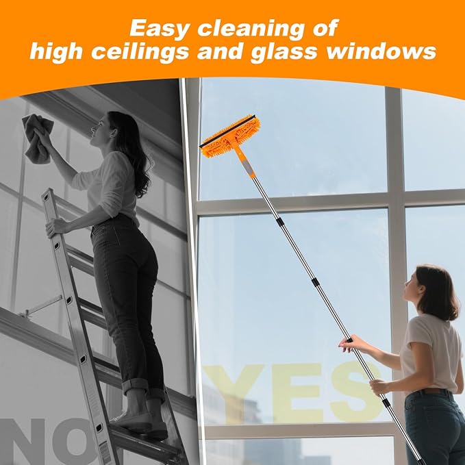 Window Squeegee Cleaner Tool with Extension Pole: 2-in-1 Window Cleaning Kit - 86.6 Inch Telescopic Long Window Cleaning Tool for High Windows Glass with 2 Microfiber Cloth & Squeegee Blade