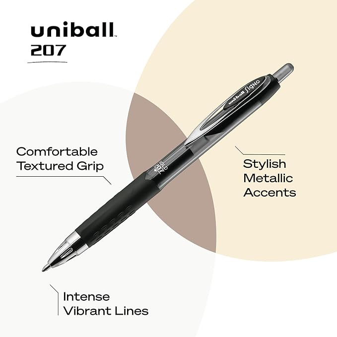 uni-ball 207 Retractable Gel Pens Bold Point, 1mm, Black, 12 Pack