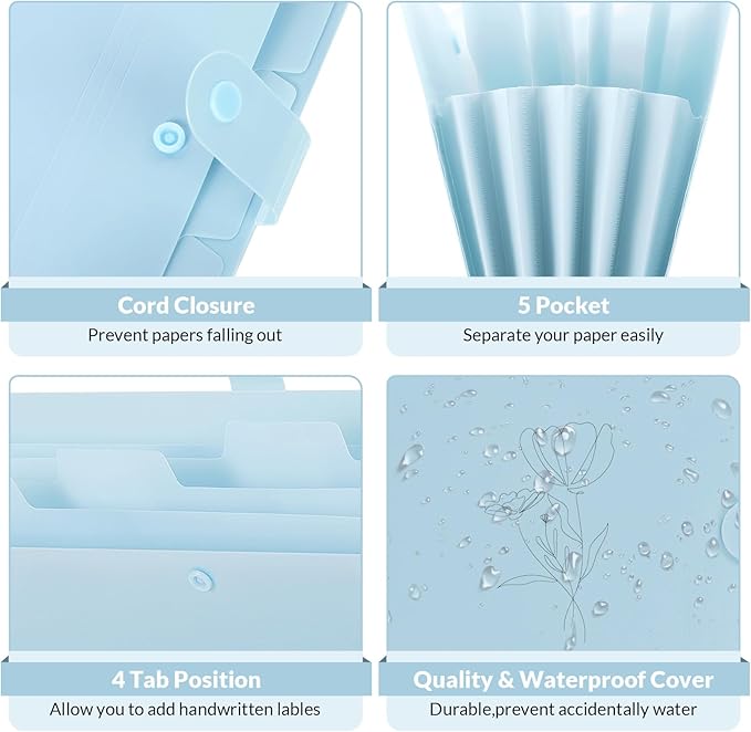 SKYDUE Expanding File Organizer with 5 Pockets, Accordion File Folders with Labels, Portable Document Paper Bill Receipt Organizer, Home College School Office Supplies, Letter Size,Babyblue