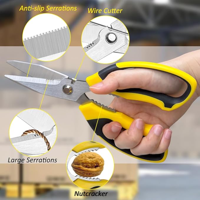 Utility Scissors Heavy Duty, Ultra Sharp Blade Shears with Protective Case, Multipurpose Stainless Steel Scissors For Cutting Cardboard, Fabric, Carpet, Leather, Wire (Yellow Set)