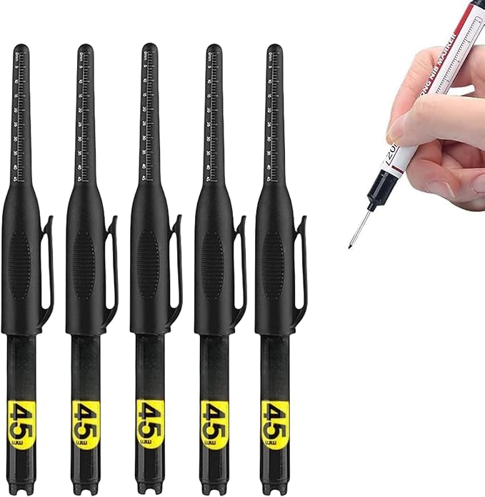 5PCS Long Head Deep Hole Marker Pens, 20mm Deep Reach Long Nose Markers, 45mm Permanent Markers Carpenter Ink Marker Pens, Waterproof Construction Markers Marking Tool, Metal Marking Pen (45MM Black)
