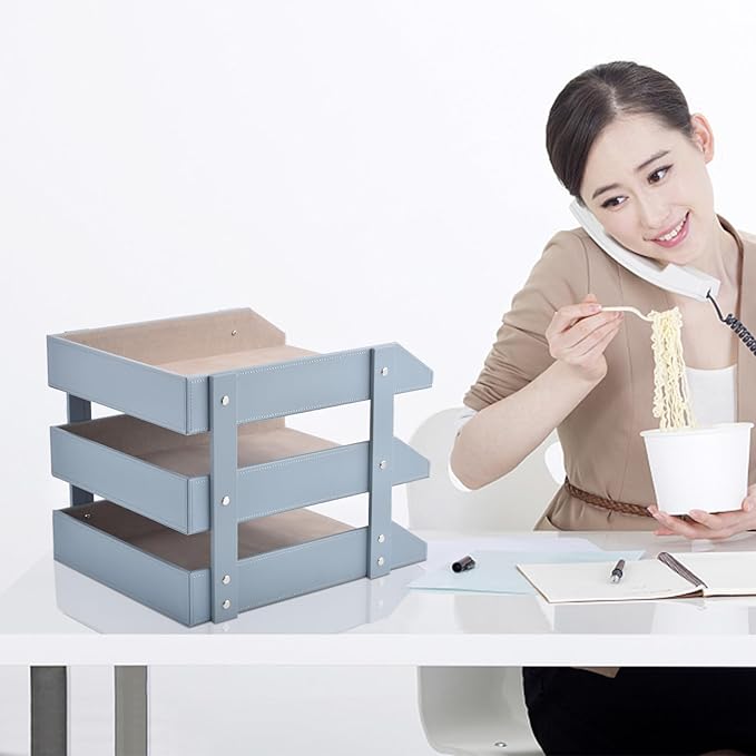 Leather Desk Organize Holder,3-Layer Stackable Letter Tray,Used to Store documents,Folders,Stationery,Magazines,Paper,and Other Home Office Supplies,Desk File Rack (Grey)
