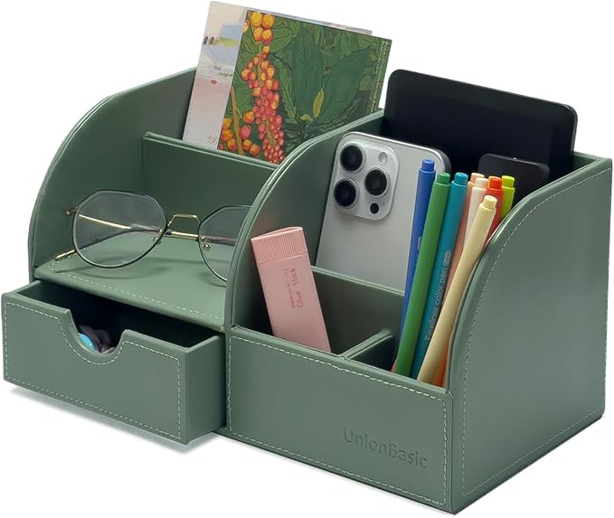 UnionBasic Desk Organizer, Multi-functional Leather Desktop Office Organizer, Pen Holder - Business Card/Pen/Pencil/Mobile Phone/Stationery Holder Storage Box, Malachite Green