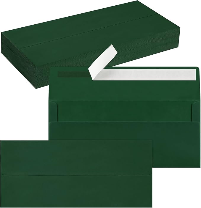 50 Pack #10 Business Envelopes, Self Seal Standard Christmas Dark Green Envelopes for Secure Business & Legal Mailing, Office, Checks, Letter, Invoices, 4 1/8 x 9 1/2 Inches