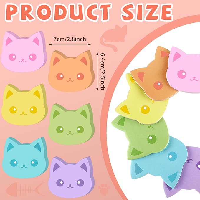 Yinder 24 Pads Cute Sticky Notes Kawaii Fun Animal Sticky Notes Pads Bulk Cartoon Memo Self Adhesive for Veterinary Gift Office School Tab Party Supplies(Novelty Cat)