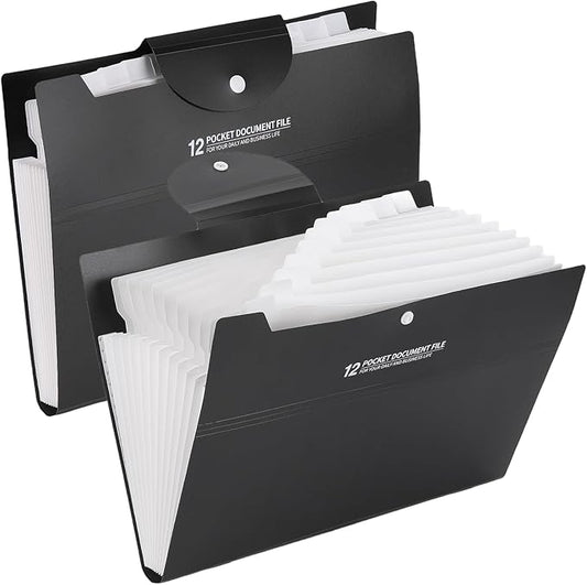 2Pcs Accordion File Organizer with 12 Pockets - Expandable File Folder for Paper, Portable Multi Pocket Folder for School Office Supplies,Black