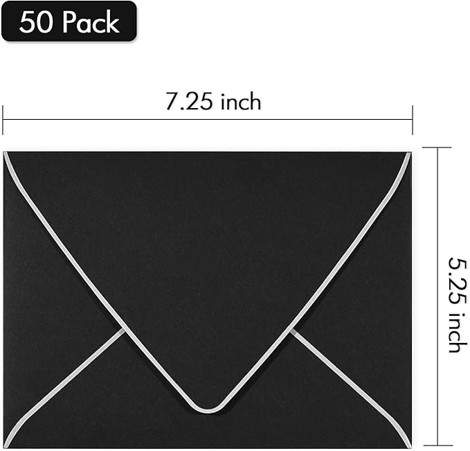 50 Pack, A7 Black Envelopes With Silver Border, Invitation 5 x 7 Envelopes - For 5x7 Cards| Self Seal| Perfect for Weddings, Invitations, Photos, Baby Shower| 5.25 x 7.25 Inches(Black-Silver Border)