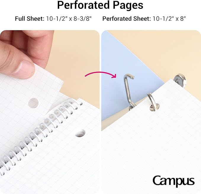 KOKUYO Spiral Notebook with 5x5 Graph Paper, 3 Pack Campus 10-1/2" x 8" Subject Notebooks, 80 Sheets, Light Pink Blue Off-White 3 Holes School Spiral Journal for Study Planner Drawing (WSG-SU-400G4×3)