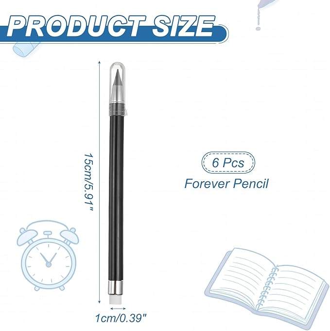 PATIKIL Forever Pencil, 6 Pcs Mechanical Sharpened Cute Metal Pencils Set for Coloring Book Sketch Drawing Writing Art Beginner, Black