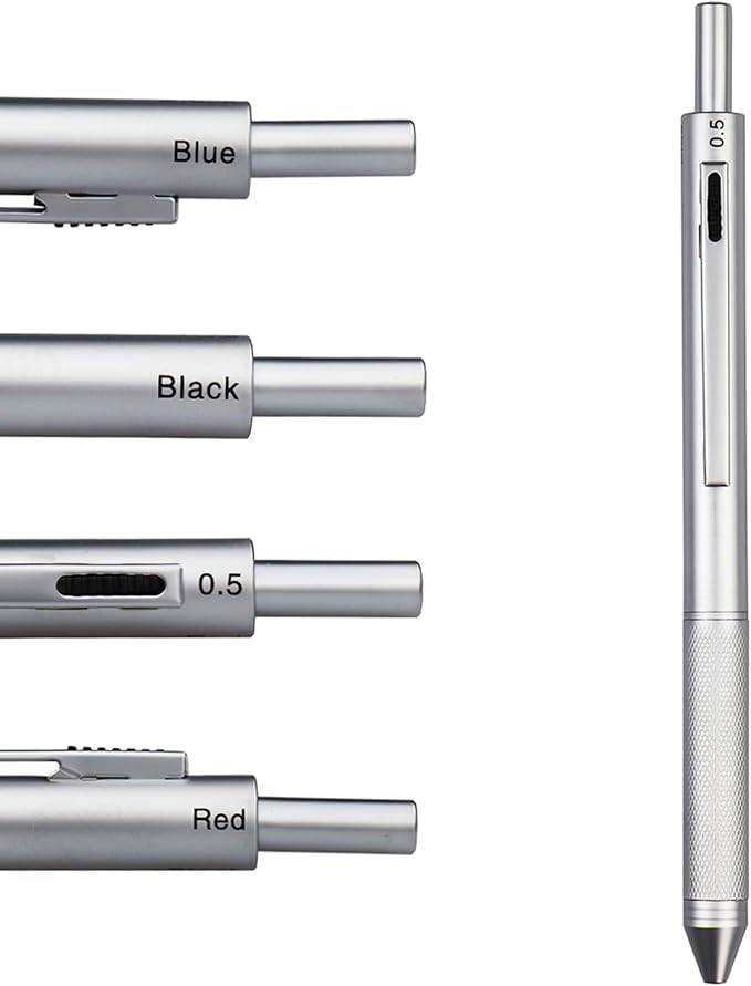 DUNBONG 4 in 1 Multicolor pen, Metal Cased Multifunction Pen, 0.5mm Mechanical Pencil, Red Ball Pen, Blue BallPen and Black Ball Pen (Silver)