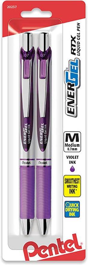 Pentel EnerGel RTX Retractable Liquid Gel Pen, (0.7mm) Metal Tip, Medium Line, Violet Ink 2 Pack