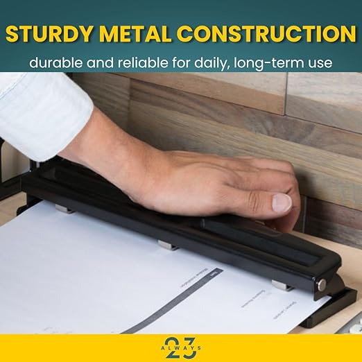 Always23 3 Hole Punch, Heavy Duty, 12-Sheet Three-Hole Punch, Padded Handle, Black.