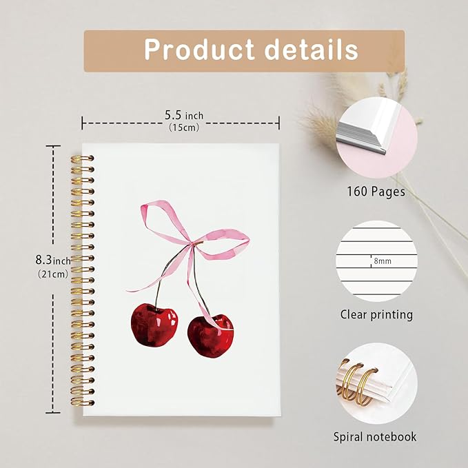 Coquette Pink Bow Cherry Notebook, Preppy Aesthetic Journal for Girls, Cute College Ruled Spiral Planner, Coquette School Supplies & Girly Work Notebook for Women, 5.5x8.3 Inch