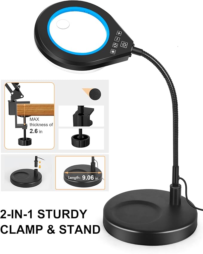 Flexible Gooseneck 2-in-1 Magnifying Glass with Light and Stand,10x & 5x Real Glass Lens Magnifying Lamp, 5 Color Stepless Hands-Free LED Desk Lamp with Clamp for Painting, Crafts, Reading (Blue)