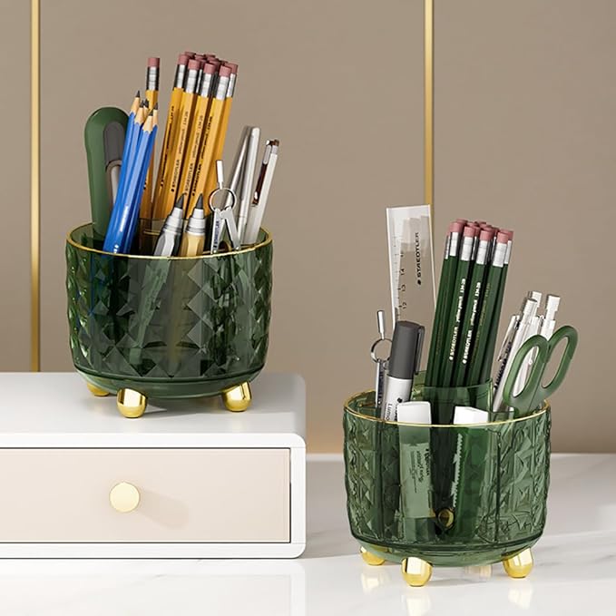 Dark Green Pen Pencil Holder for Desk, 360° Rotating Pen Organizer, Green Office Supplies, Cute Pen Holder, 6-Compartment Pencil Holder Rotating