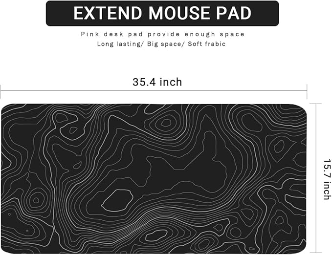 Large Mouse Pad, Extended Mouse Pad Black Desk Pad Easy Typing for Typing Office Game - Topographic Contour