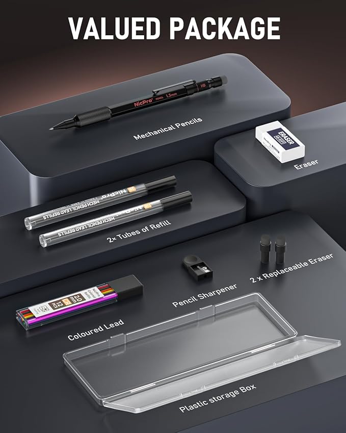 Nicpro 2mm Mechanical Pencils Set with Case, 12 Black & Colored Lead Refills, Erasers - MP2000 Weatherproof Metal Lead Holder, Heavy Duty Carpenter Pencil For Writing, Drawing, Woodworking