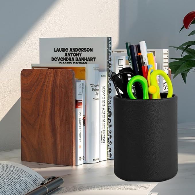 Pen Pencil Holder Cup Container PU Leather Desk Organizer Stand Decor Brush Scissor Holder Decoration Office Desk Home School (3.3" x 3.3" x 4", Black)