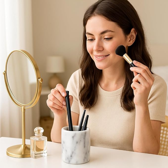 Creative Home Solid Natural Marble Pen Holder – Heavyweight Pencil Cup Organizer for Desk, Vanity, or Bathroom, 3.3" Diameter x 4.5" Height, Off-White with Unique Stone Patterns