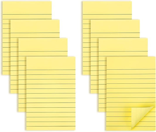 (8 Pads) Agoer Lined Sticky Notes 4x6 in, Light Yellow Self-Stick Notes Pad with Blue Lines, Ruled Sticky Notes for Office, School, Home, 50 Sheets/Pad, 80gsm Paper, Strong Adhesive Memo Pads