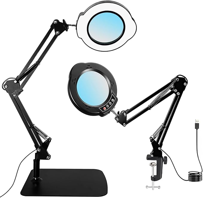 15X Magnifying Glass with Light and Stand, 5 Color Modes 10 Levels Adjustable Brightness, 2-in-1 Desk Lamp with Clamp, Hands Free LED Light Magnifier for Craft Hobby Reading Repair Close Works