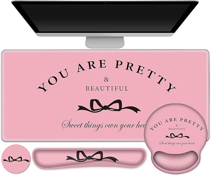 Gaming Mouse Pad, Large Desk Mat, Cute Desk Pad Protector, 4in1 XXL Mousepad + Keyboard Wrist Rest+Mouse Wrist Rest+Coaster Set with Ergonomic Desk Pad for Home Office Table Computer, Pink Pretty Bow