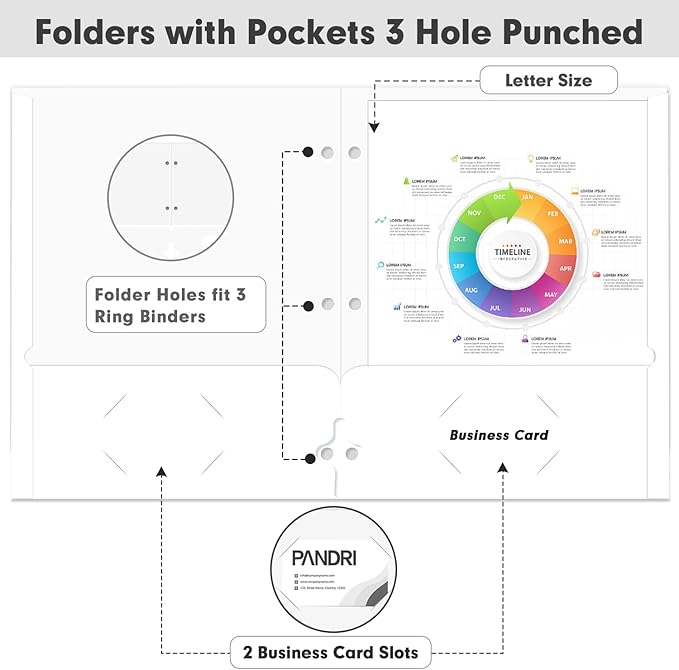 Two Pocket Portfolio Folders, PANDRI 60 Pack 3 Hole Punched 2 Pocket Folders for 3 Ring Binder, Letter Size Paper File Folder for School Office Home Business, White