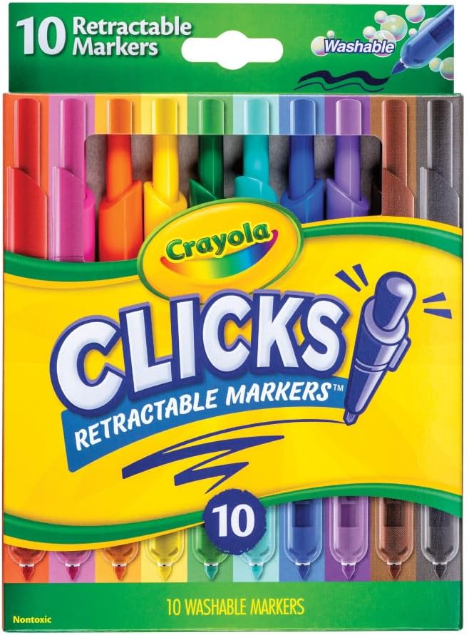 Crayola Clicks Retractable Tip Markers (10ct), Stocking Stuffers for Kids & Toddlers, Cone Tip Washable Art Marker Set, Coloring Book Supplies, No Dry, 3+