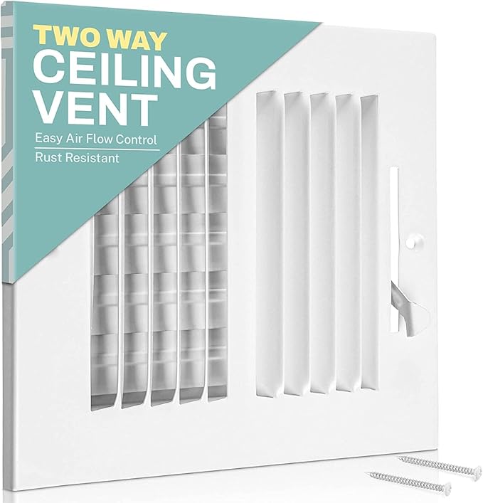 Ceiling Register - Air Vent Covers for Home Ceiling or Wall - 14x6 Inch (Duct Opening) 2-Way White Grille Register Cover with Adjustable Damper for HVAC Heat and Cold Air Conditioner