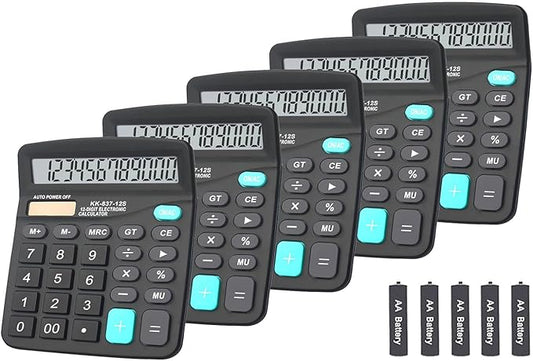 Calculators, Large Button Calculator with Angled LCD Display 12-Digit Dual Power Handheld Desktop Feature for Office, School, Home(Black, Pack of 5)